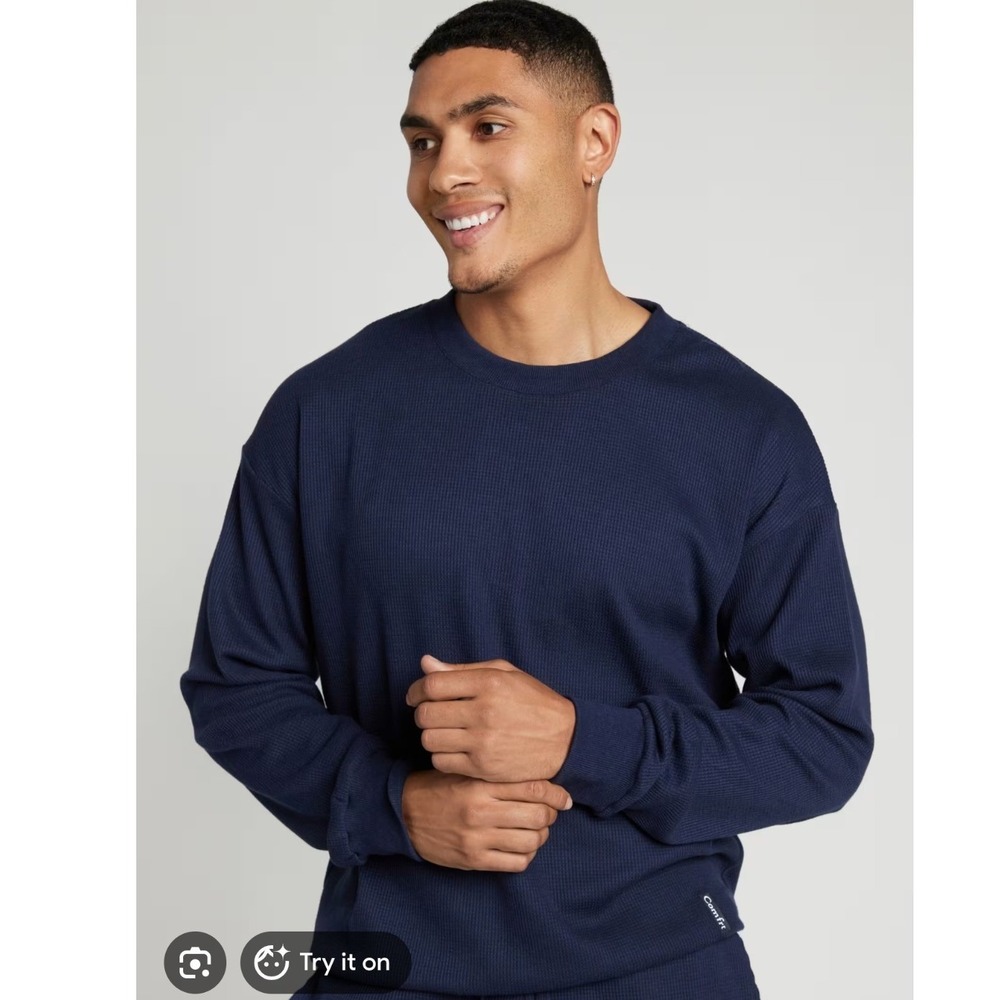 Comfrt‎ Men's Waffle Knit Long Sleeve Crewneck Thermal Top Navy Blue- 2XL